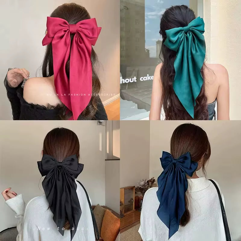 Elegant Solid Large Bow Ribbon Hair Clip for Women Girl Sweet Headbands Soft Satin Hairpin Hairgrip Fashion Hair Accessories