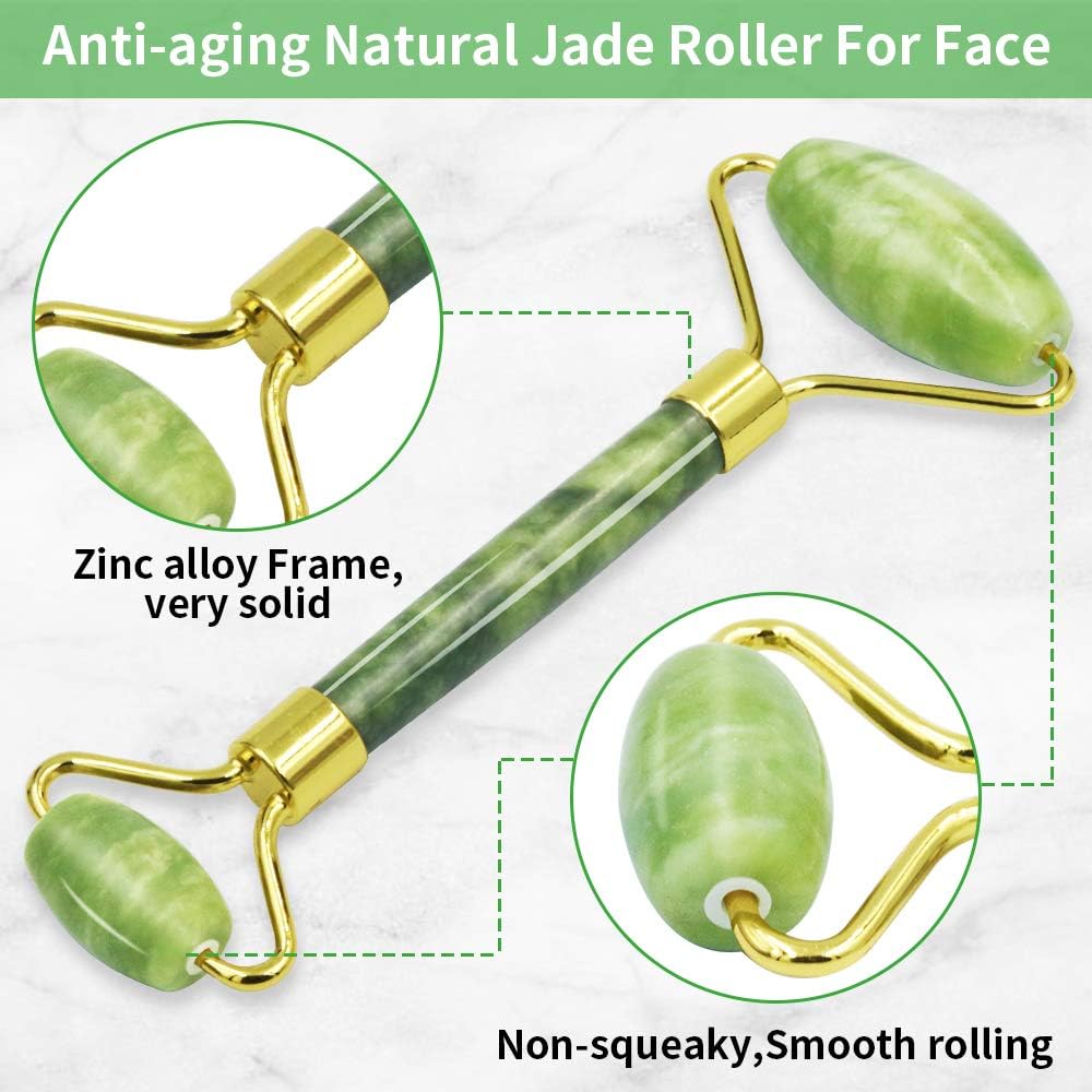 2 in 1 - Premium Jade Roller for Face + 100% Natural Gemstone Essential Oil Roller Bottles,Real Jade Face Roller,Puffiness Facial Skin Massager Treatment Therapy,Anti Aging & Eyes Wrinkles Removing