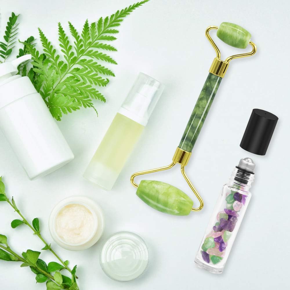 2 in 1 - Premium Jade Roller for Face + 100% Natural Gemstone Essential Oil Roller Bottles,Real Jade Face Roller,Puffiness Facial Skin Massager Treatment Therapy,Anti Aging & Eyes Wrinkles Removing