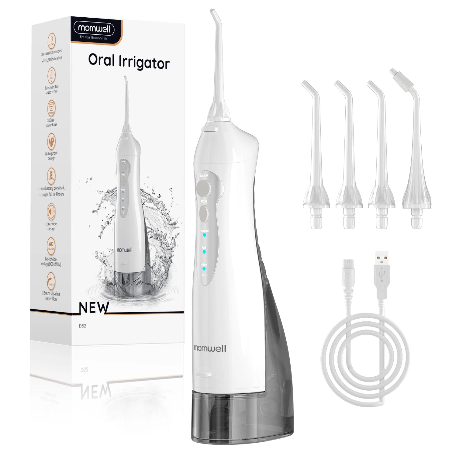 Oral Irrigator D52 Portable Dental Water Flosser USB Rechargeable Water Jet Floss Tooth Pick 4 Jet Tip 300Ml 3 Modes Teeth Clean